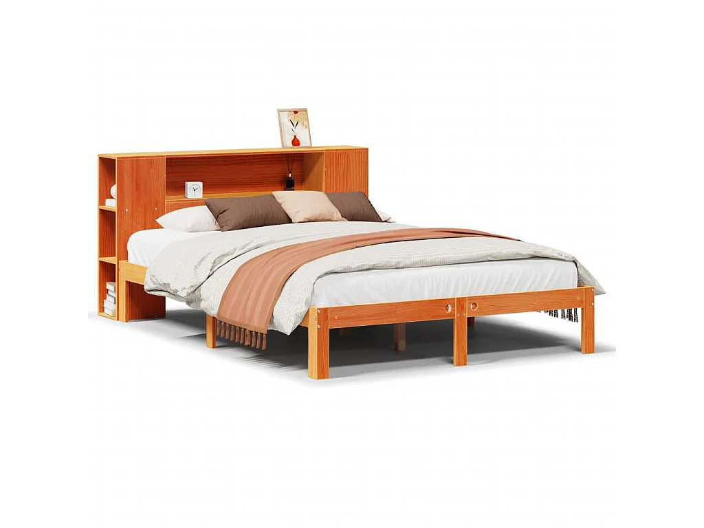 Massivholzbett mit Regal ohne Matratze Wachsbraun 135x190 cm