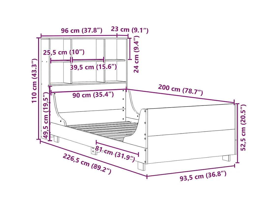 Lit bibliothèque sans matelas blanc 90x200 cm bois massif