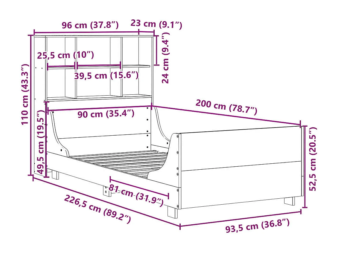 Letto Libreria senza Materasso Bianco 90x200 cm Legno Massello