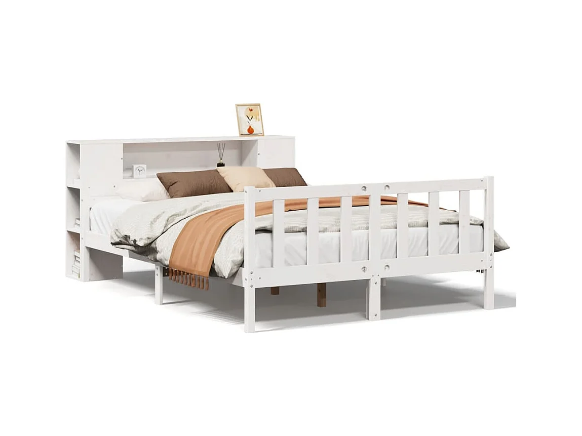Massivholzbett mit Regal ohne Matratze Weiß 150x200 cm Kiefer