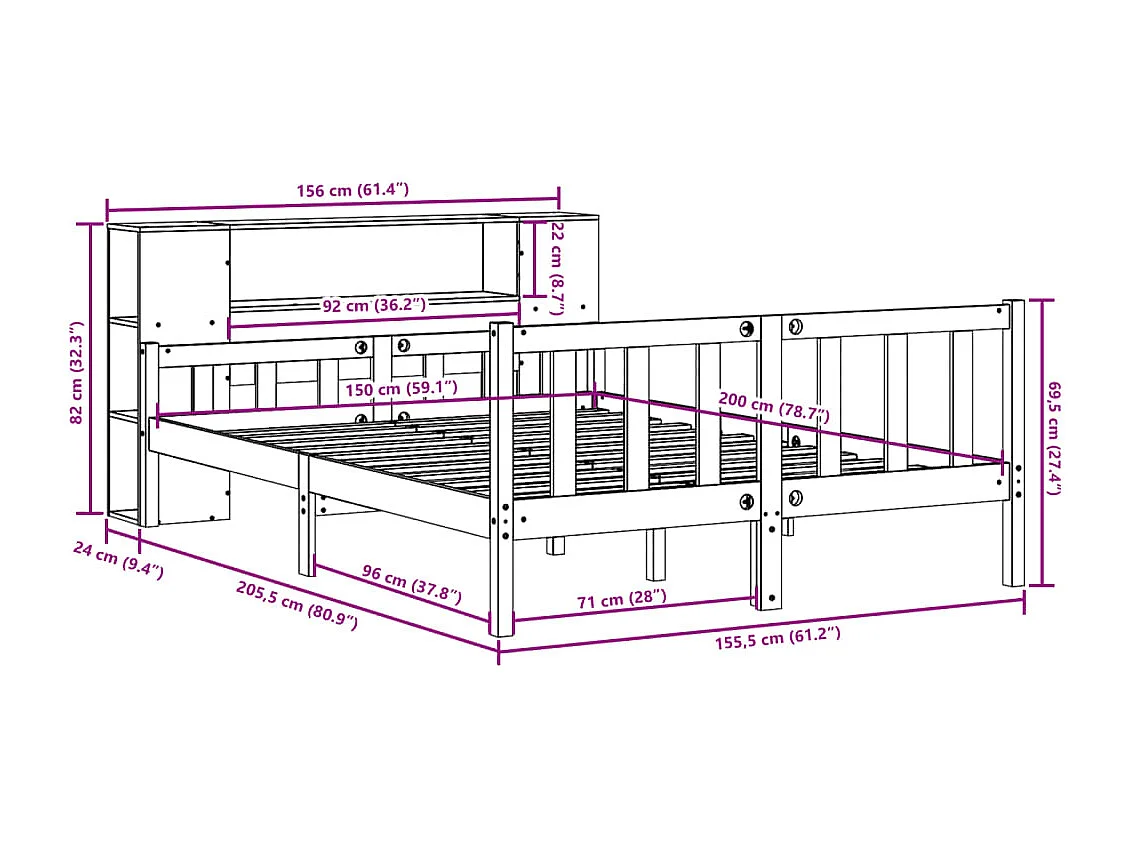Lit bibliothèque sans matelas blanc 150x200 cm bois pin massif