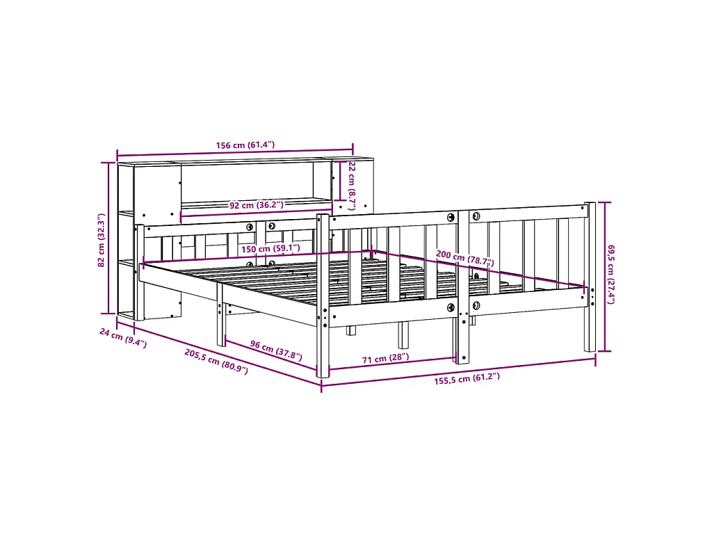 Lit bibliothèque sans matelas blanc 150x200 cm bois pin massif