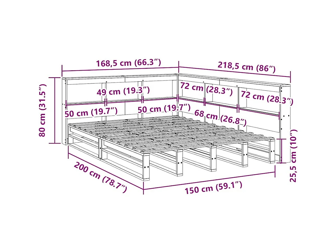 Lit bibliothèque sans matelas cire marron 150x200 cm pin massif