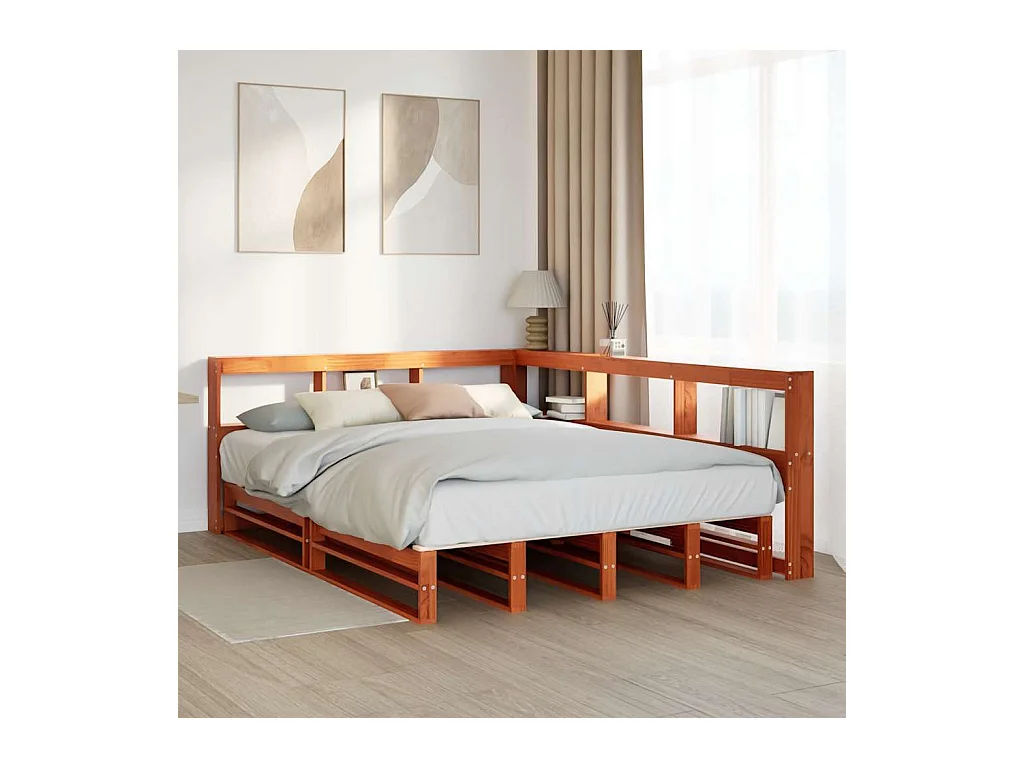 Lit bibliothèque sans matelas cire marron 150x200 cm pin massif