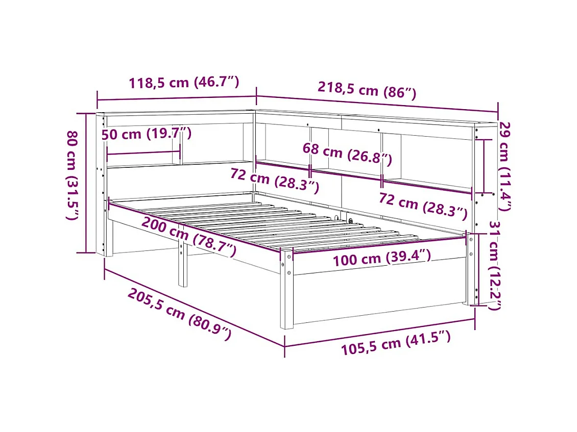 Lit bibliothèque sans matelas 100x200 cm bois massif de pin