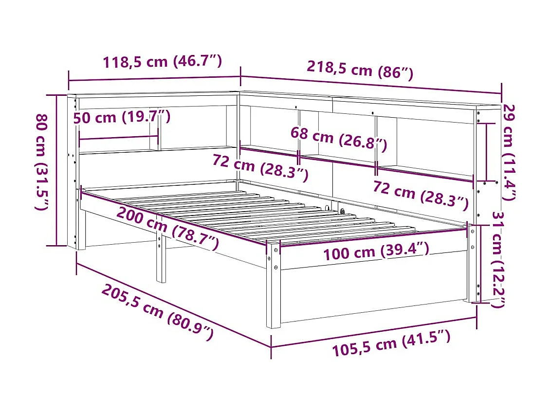 Massivholzbett mit Regal ohne Matratze 100x200 cm Kiefer