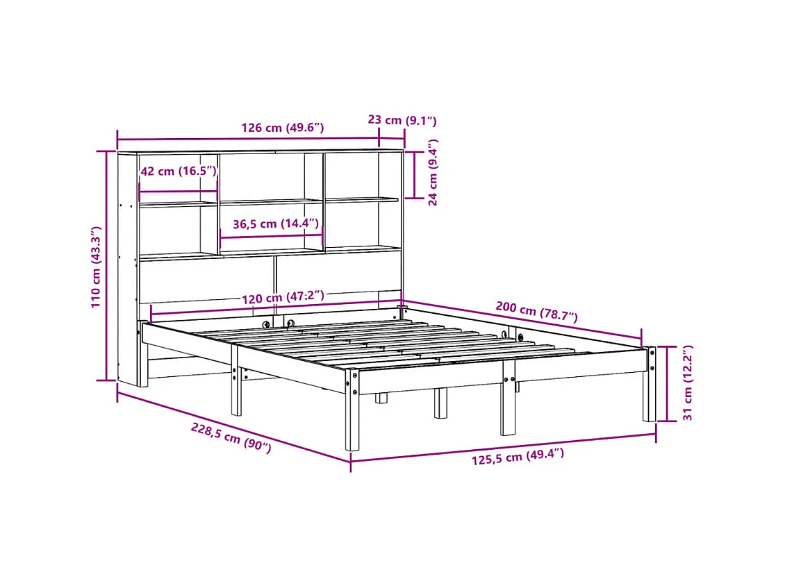 Lit bibliothèque sans matelas blanc 120x200 cm bois pin massif