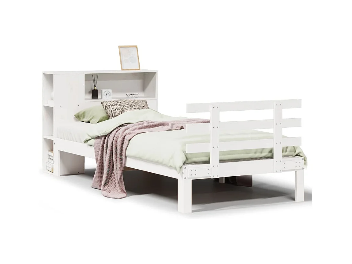 Lit bibliothèque sans matelas blanc 75x190cm bois de pin massif