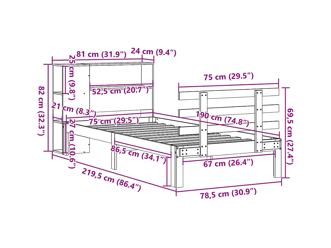 Lit bibliothèque sans matelas blanc 75x190cm bois de pin massif