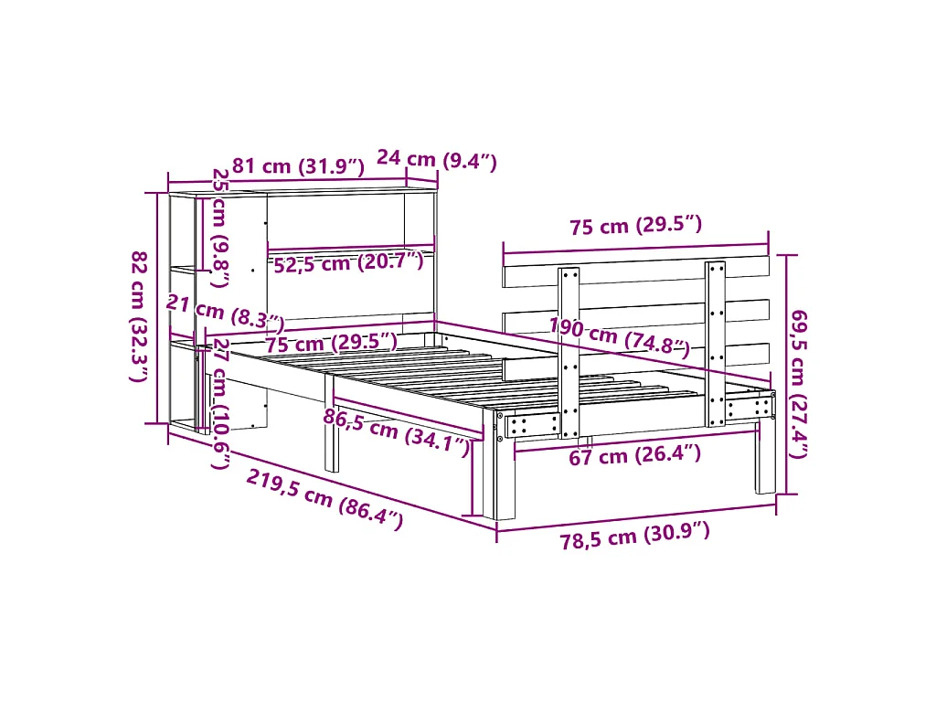 Letto con Libreria senza Materasso 75x190 cm in Legno Pino