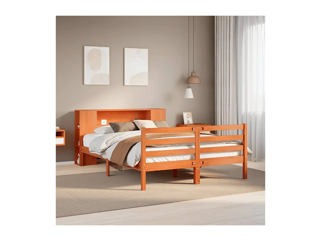 Bed met boekenkast zonder matras grenenhout wasbruin 150x200 cm