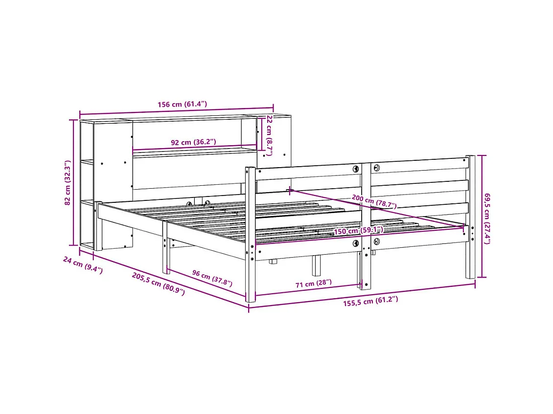 Massivholzbett mit Regal ohne Matratze Wachsbraun 150x200 cm