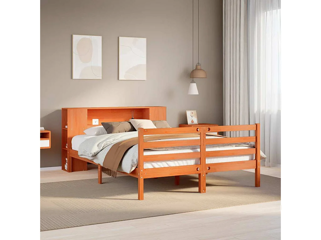 Lit bibliothèque sans matelas cire marron 150x200 cm pin massif