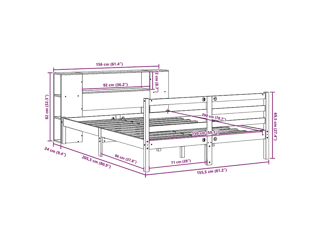 Lit bibliothèque sans matelas cire marron 150x200 cm pin massif