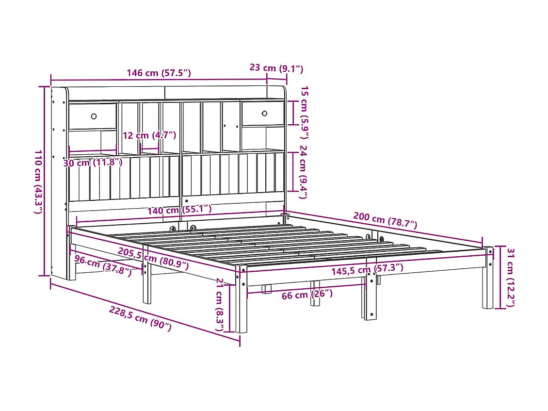 Letto Libreria senza Materasso 140x200 cm in Legno di Pino
