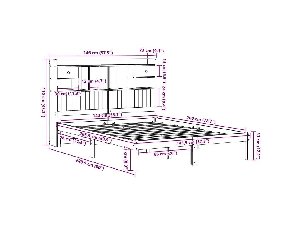 Lit bibliothèque sans matelas 140x200 cm bois massif de pin