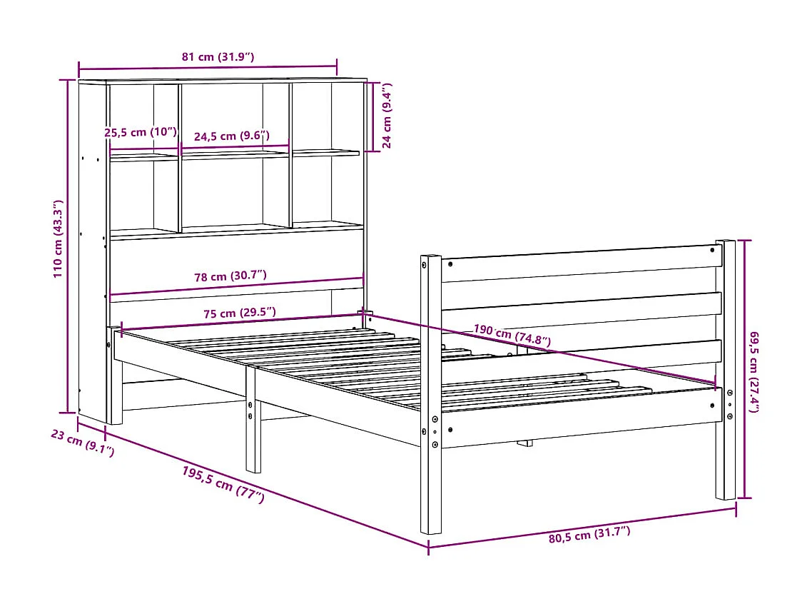 Massivholzbett mit Regal ohne Matratze Wachsbraun 75x190 cm
