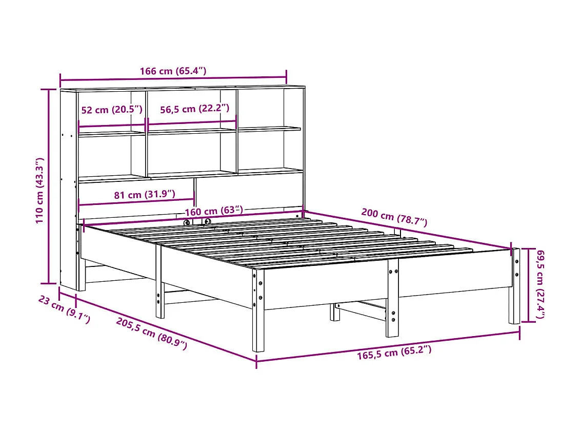 Lit bibliothèque sans matelas blanc 160x200 cm bois pin massif