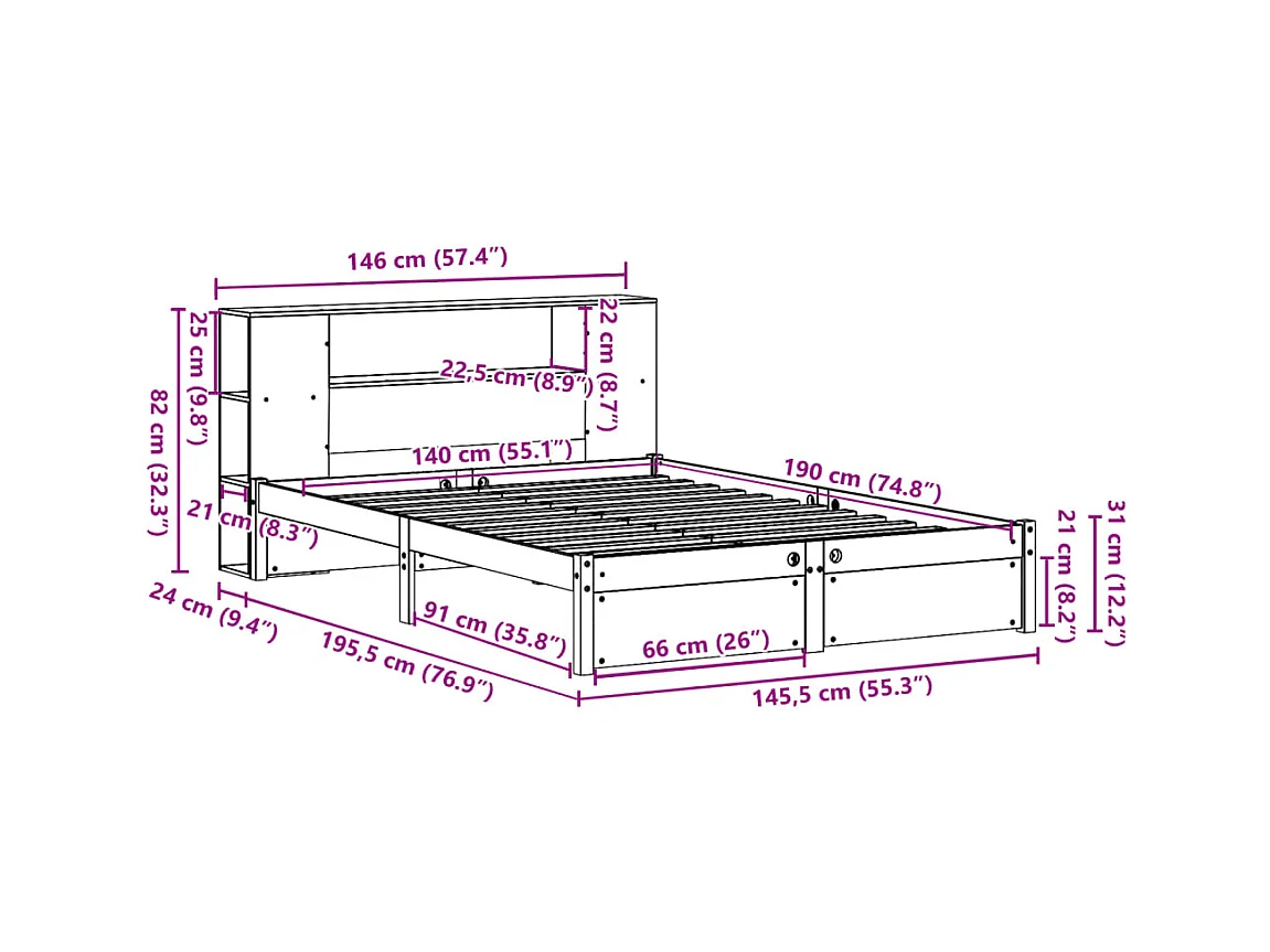 Lit bibliothèque sans matelas blanc 140x190 cm bois pin massif