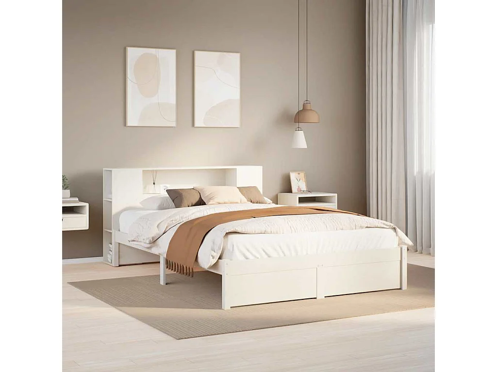 Cama con estantería sin colchón madera maciza blanca 140x190 cm