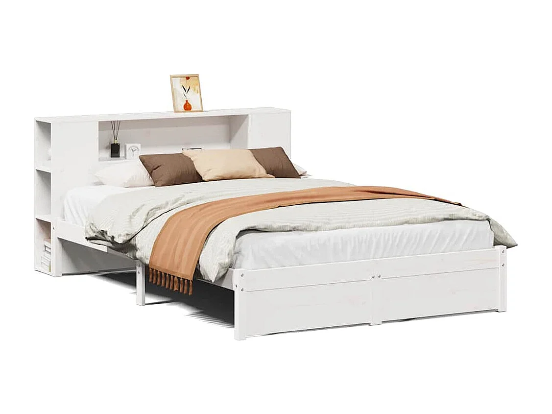 Cama con estantería sin colchón madera maciza blanca 140x190 cm