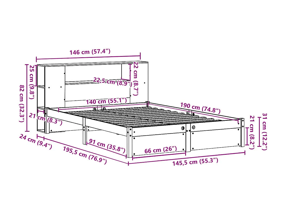 Cama con estantería sin colchón madera maciza blanca 140x190 cm