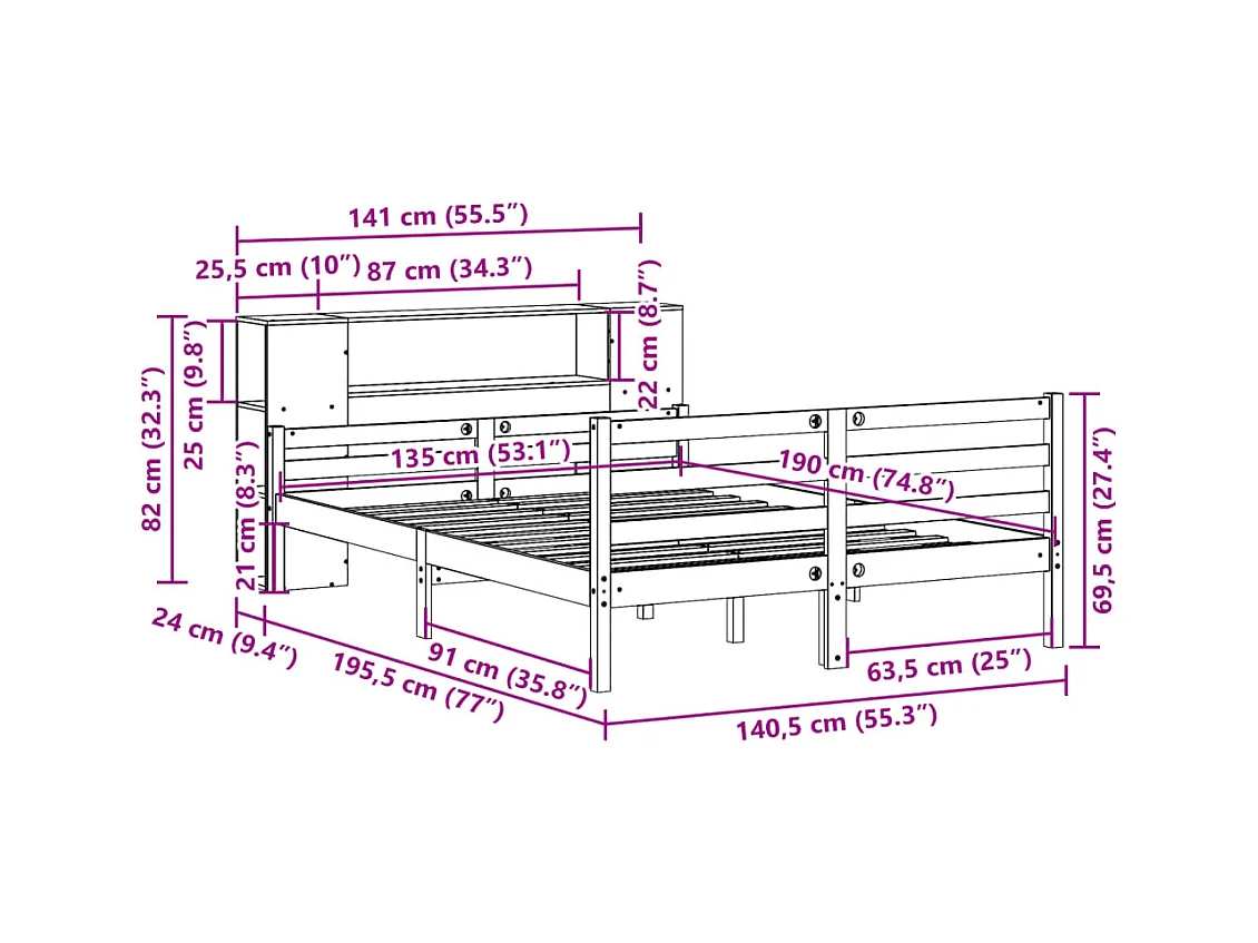 Lit bibliothèque sans matelas blanc 135x190 cm bois pin massif