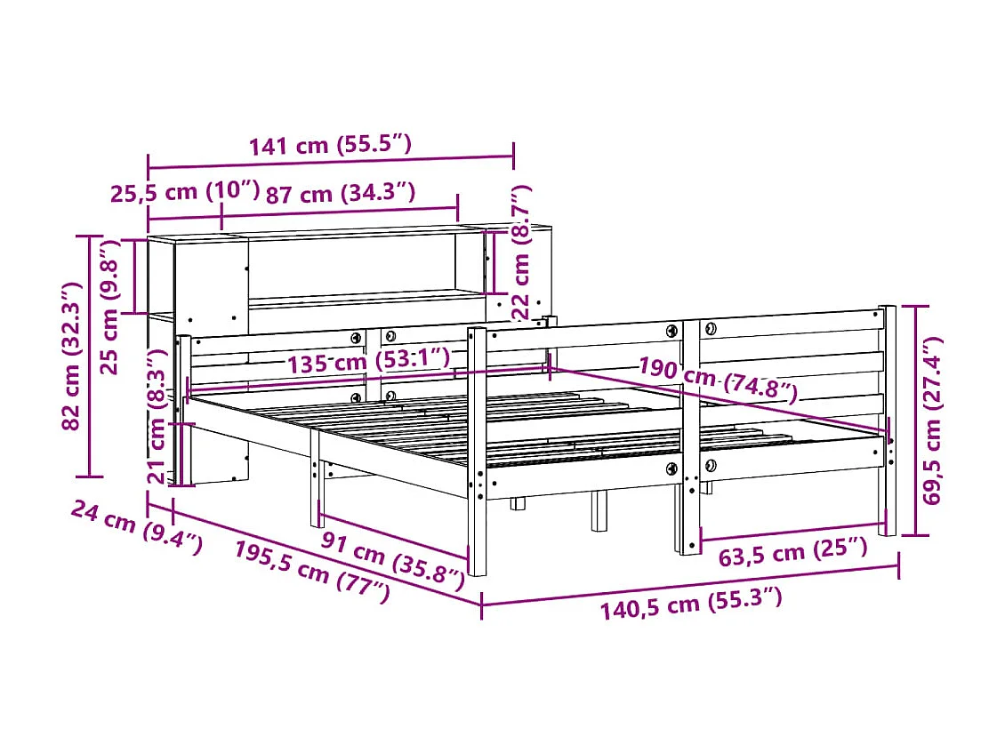 Lit bibliothèque sans matelas blanc 135x190 cm bois pin massif
