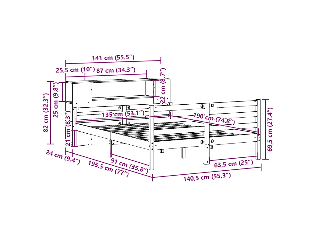 Cama com estante sem colchão 135x190 cm pinho maciço branco