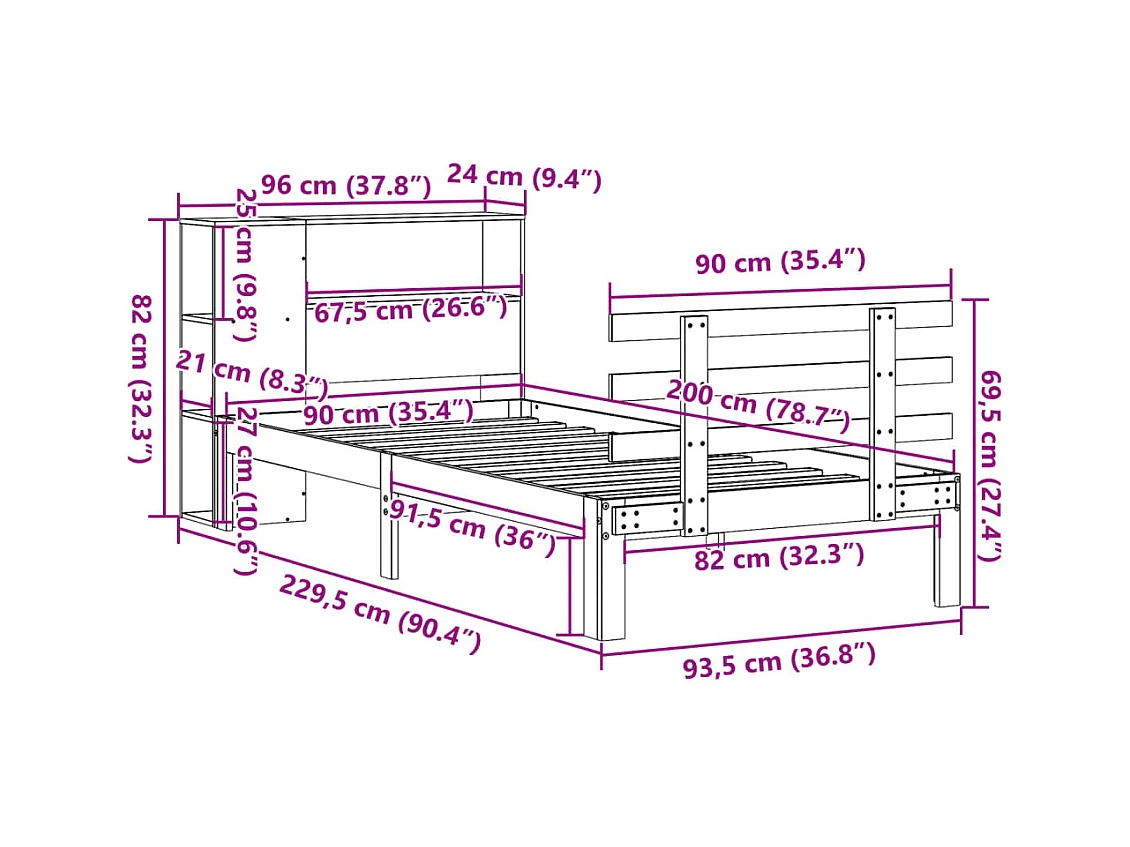 Lit bibliothèque sans matelas 90x200 cm bois de pin massif