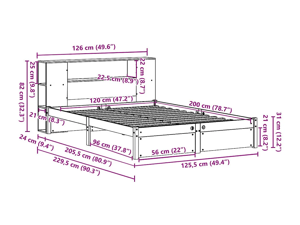Massivholzbett mit Regal ohne Matratze Weiß 120x200 cm Kiefer