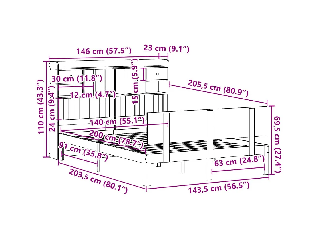 Lit bibliothèque sans matelas 140x200 cm bois massif de pin
