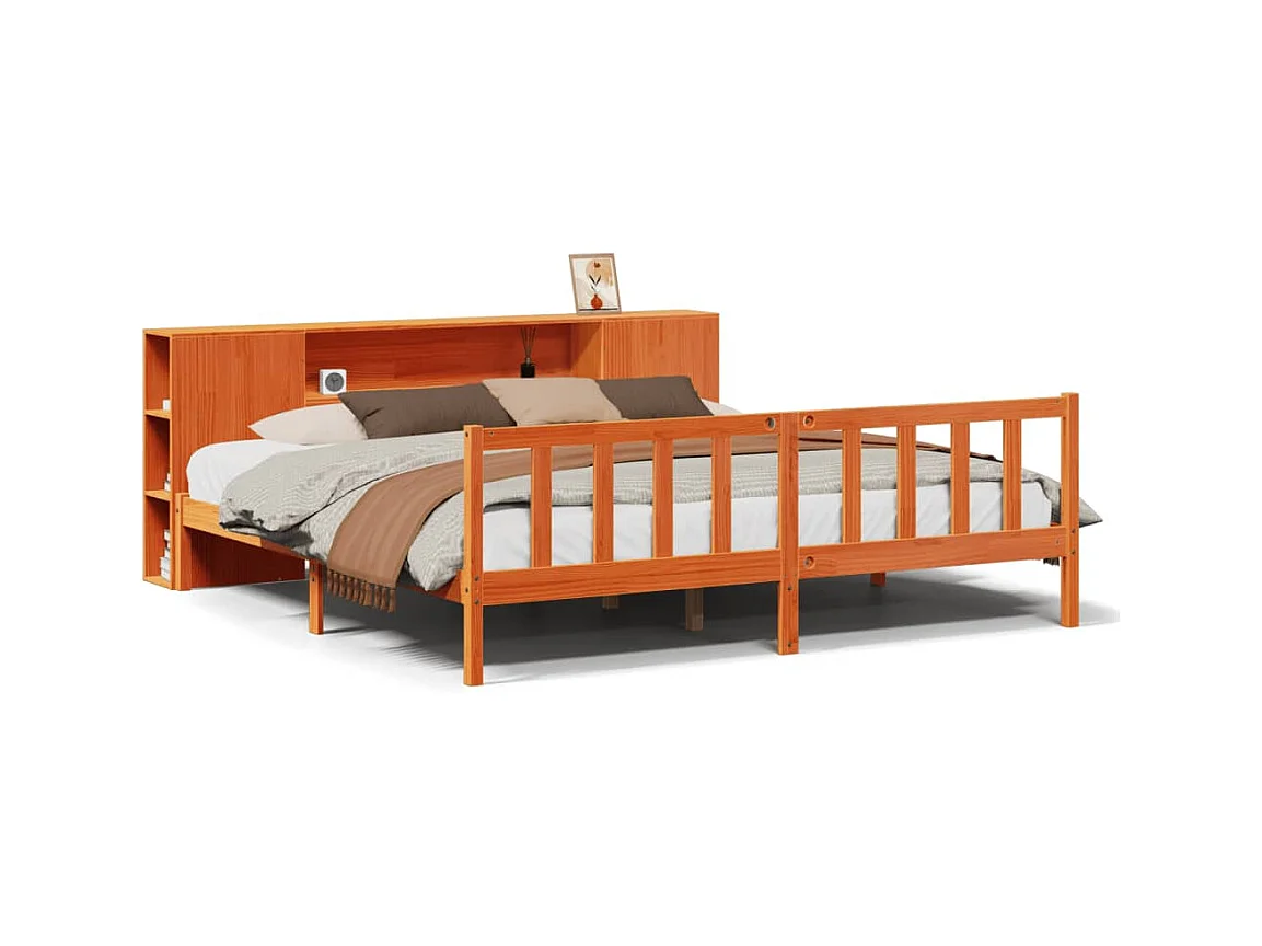Lit bibliothèque sans matelas cire marron 200x200 cm pin massif