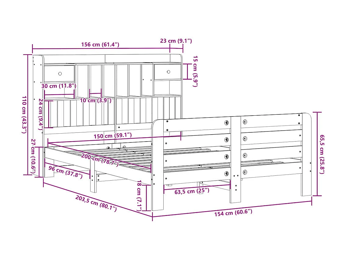 Letto Libreria senza Materasso Marrone Cera 150x200 cm in Pino