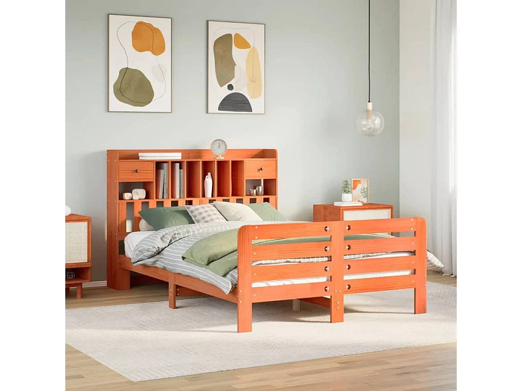 Lit bibliothèque sans matelas cire marron 150x200 cm pin massif