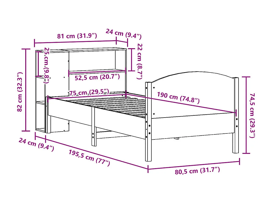 Bed met boekenkast zonder matras massief grenenhout 75x190 cm