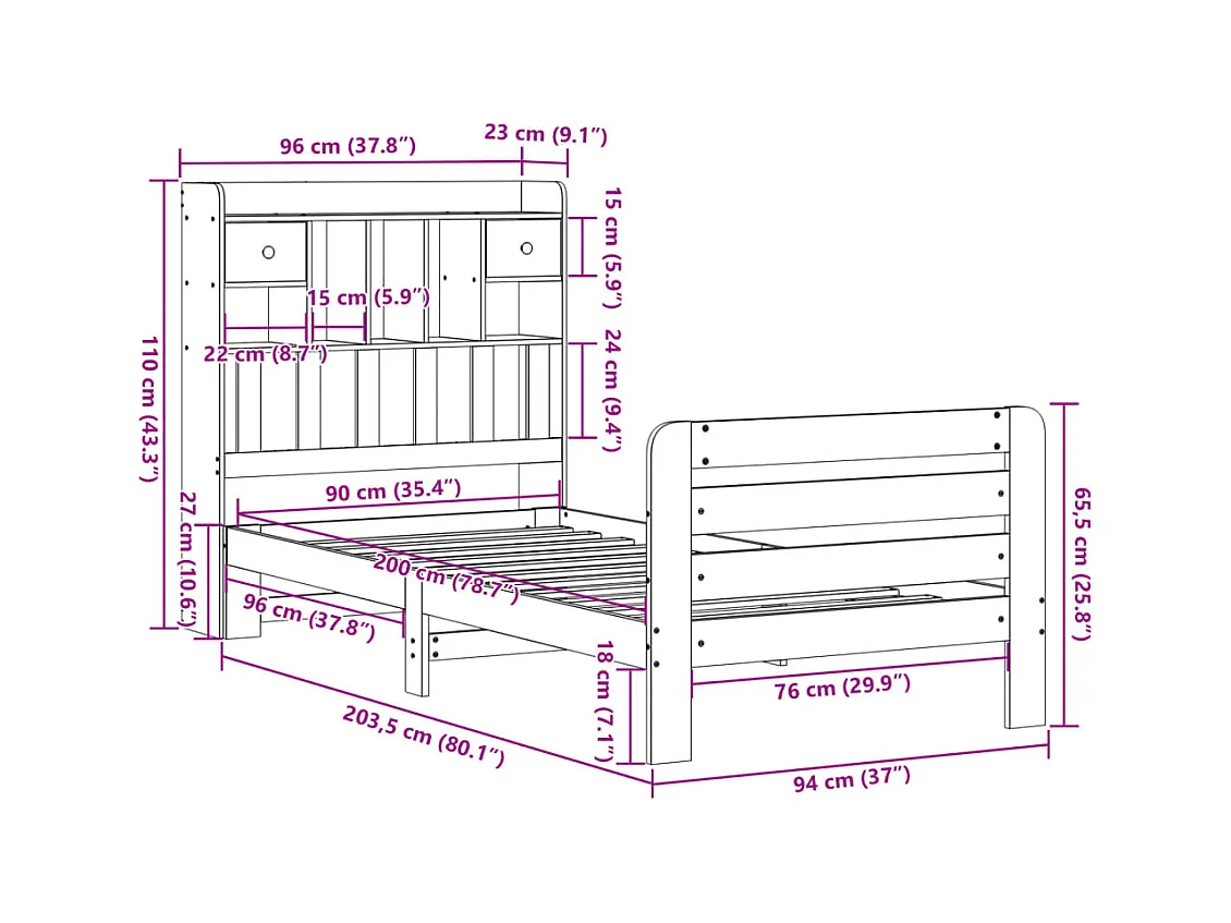 Lit bibliothèque sans matelas 90x200 cm bois de pin massif