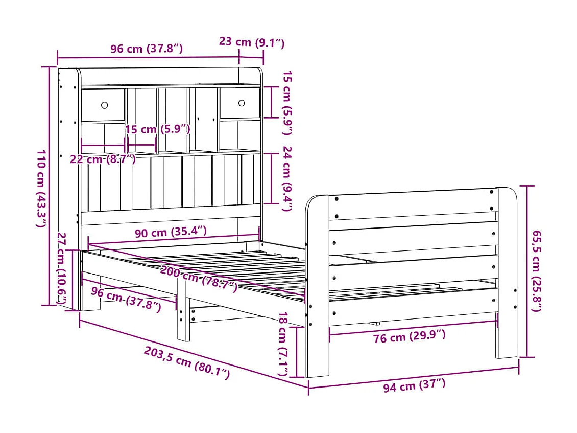 Bed met boekenkast zonder matras massief grenenhout 90x200 cm