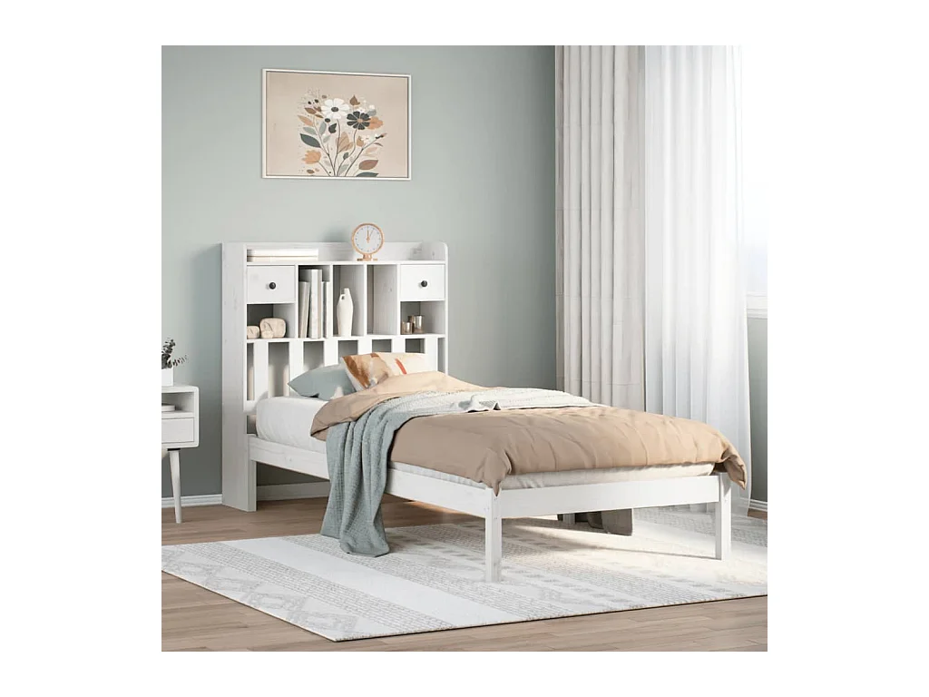 Lit bibliothèque sans matelas blanc 90x200cm bois de pin massif