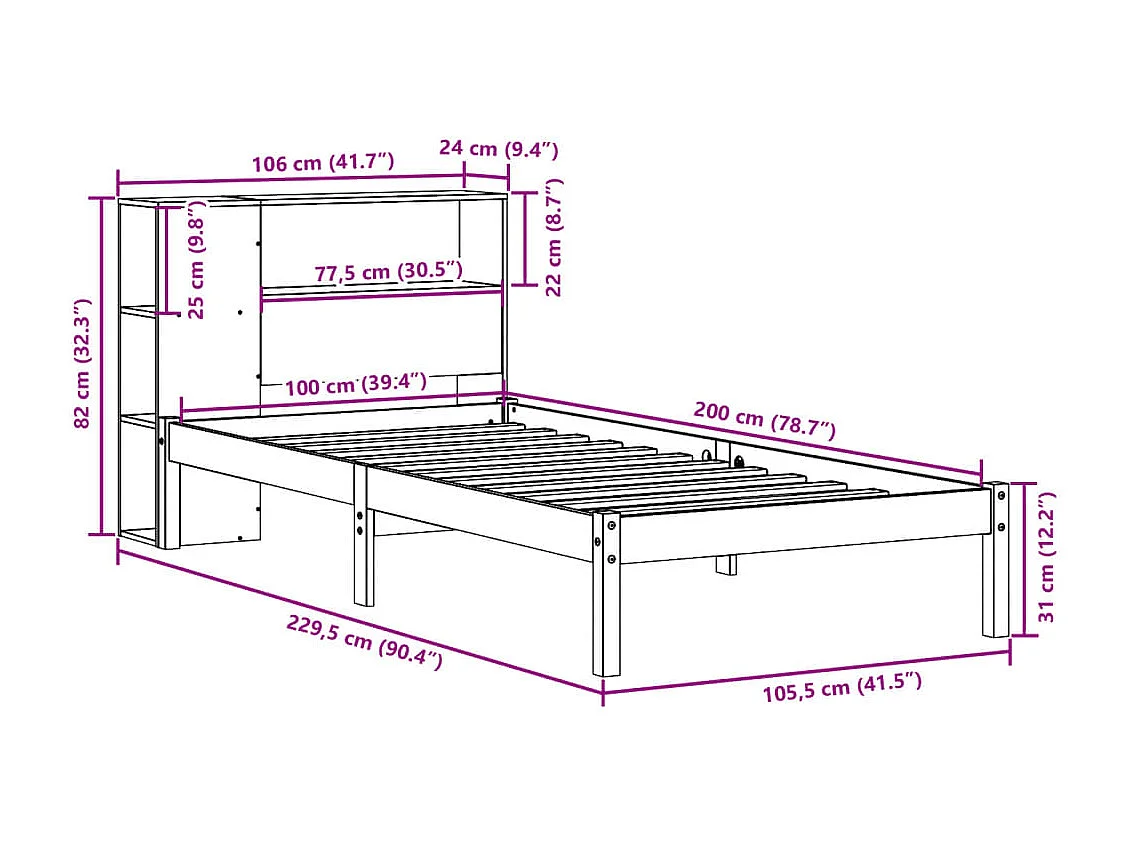 Lit bibliothèque sans matelas 100x200 cm bois massif de pin