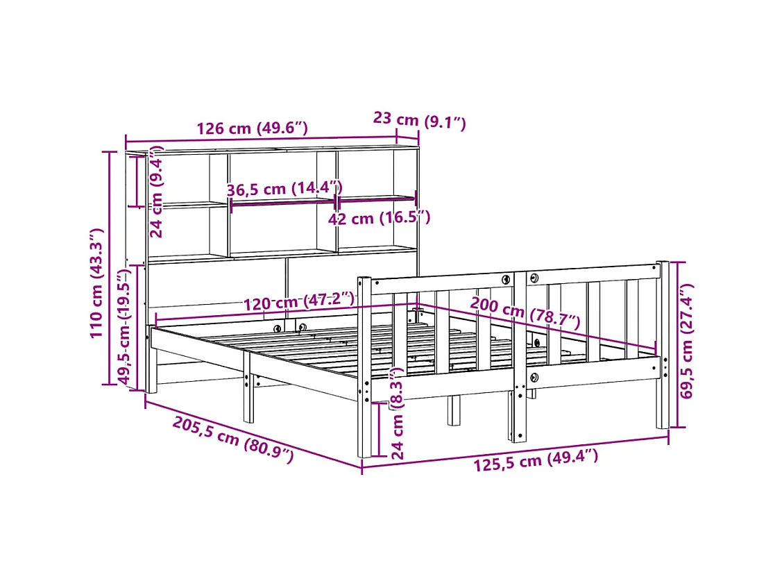 Lit bibliothèque sans matelas blanc 120x200 cm bois pin massif