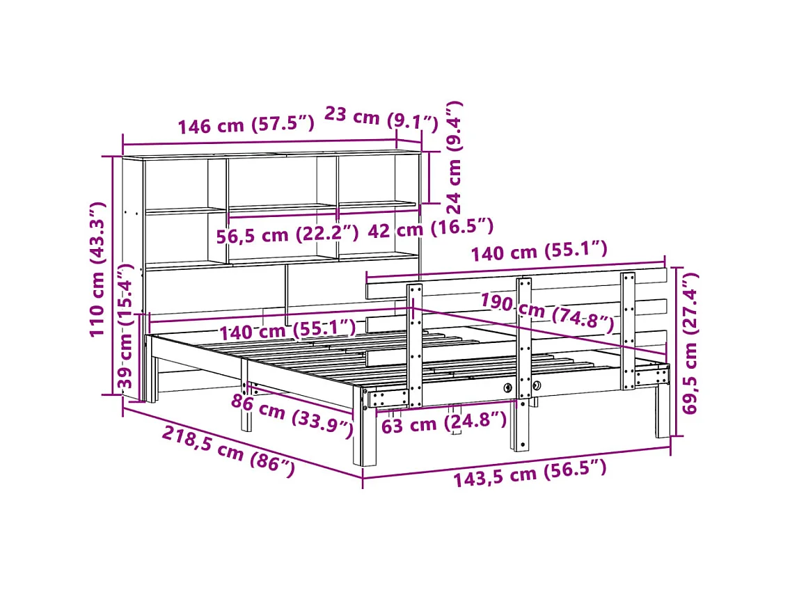 Lit bibliothèque sans matelas 140x190 cm bois de pin massif