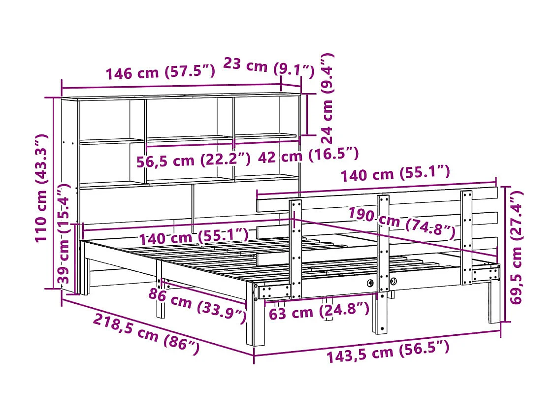 Lit bibliothèque sans matelas 140x190 cm bois de pin massif