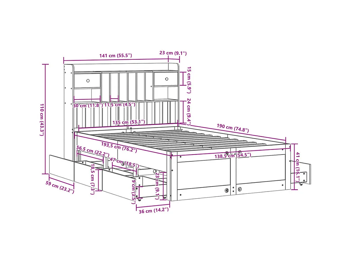 Cama com estante sem colchão 135x190 cm pinho maciço