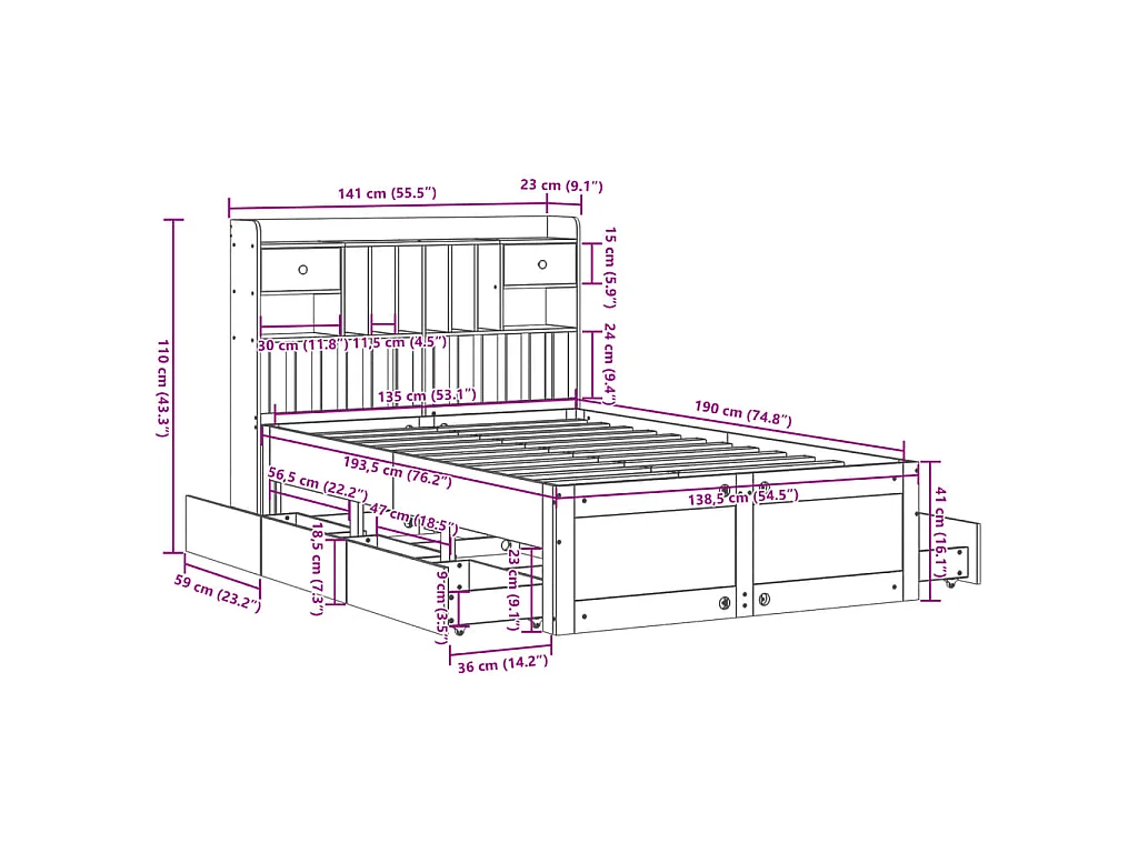 Cama com estante sem colchão 135x190 cm pinho maciço