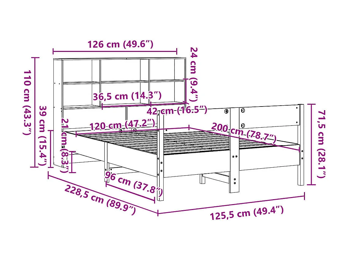 Massivholzbett mit Regal ohne Matratze Wachsbraun 120x200 cm