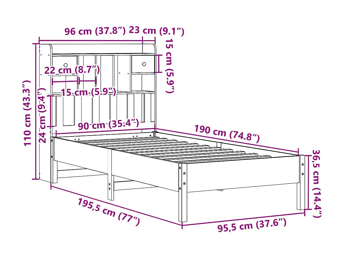 Cama con estantería sin colchón madera maciza de pino 90x190 cm