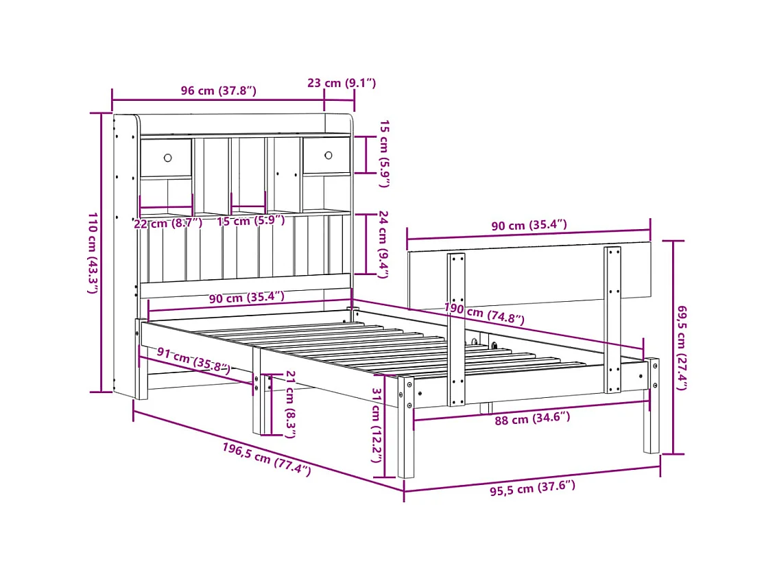 Lit bibliothèque sans matelas blanc 90x190cm bois de pin massif