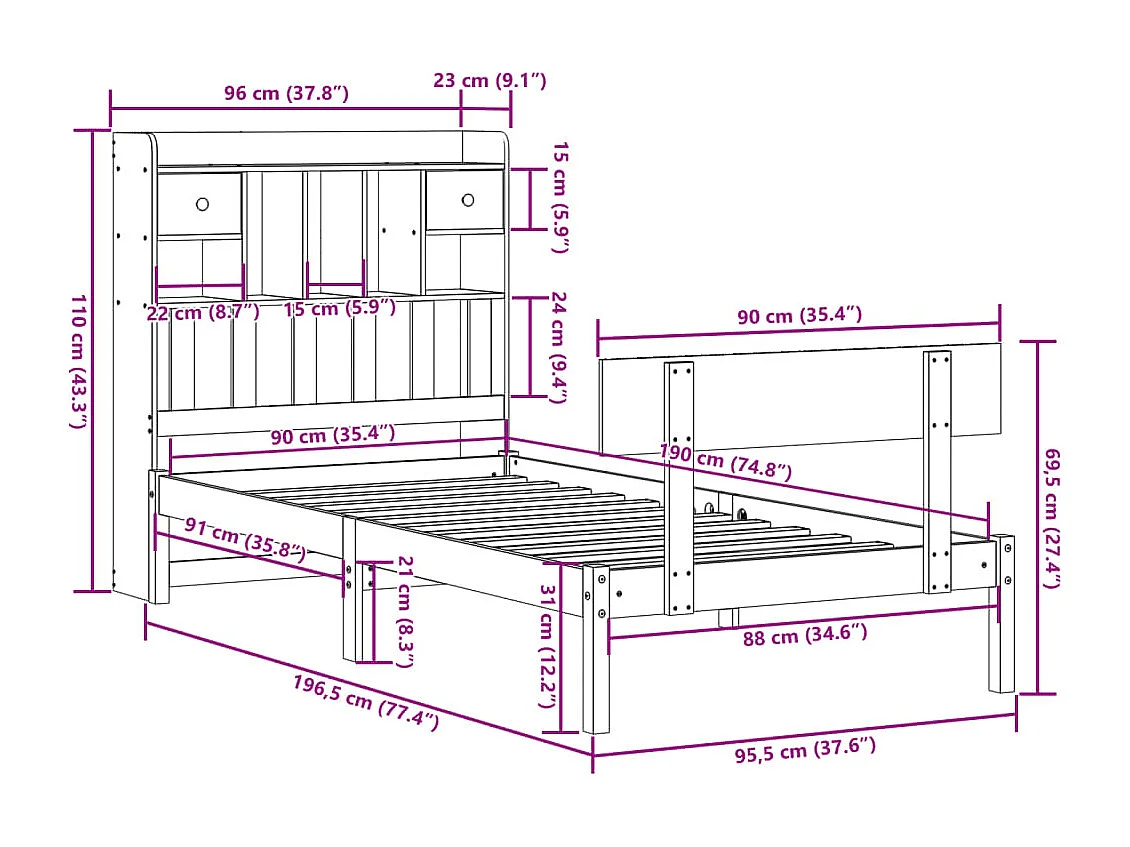 Massivholzbett mit Regal ohne Matratze Weiß 90x190 cm Kiefer