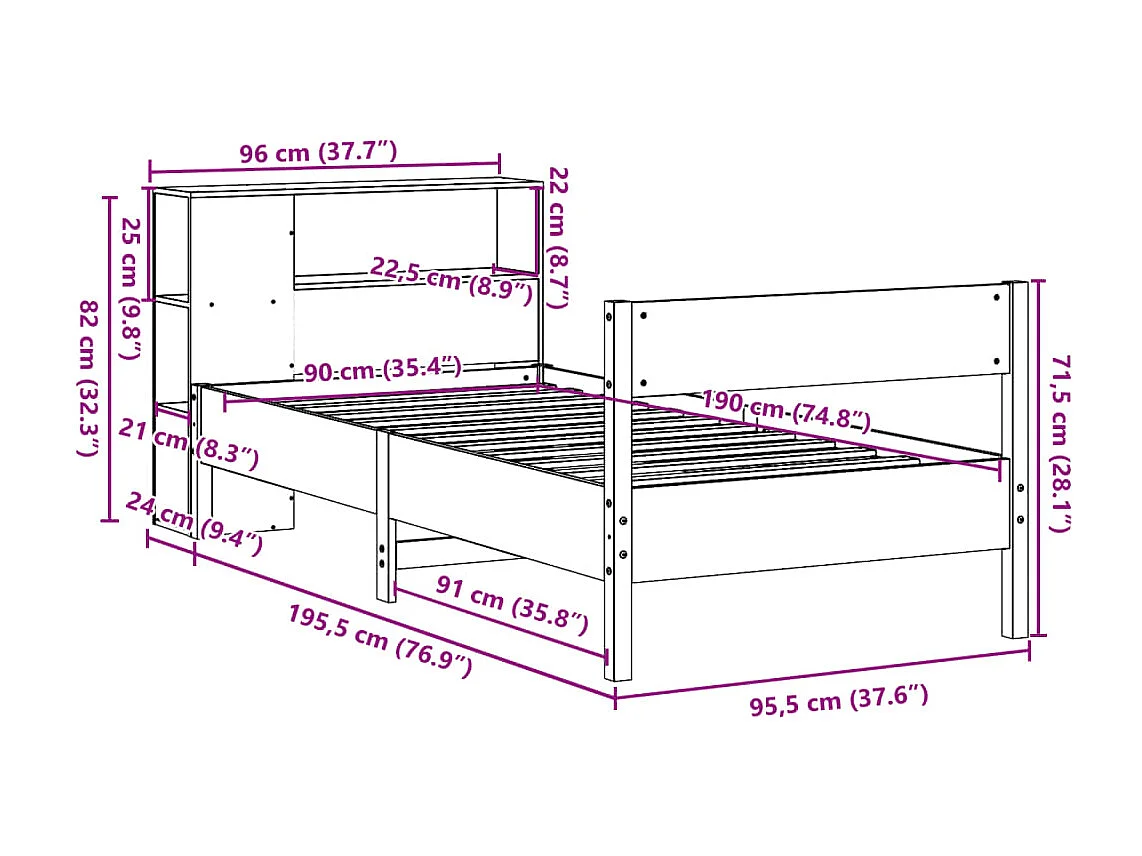 Cama com estante sem colchão 90x190 cm pinho maciço branco